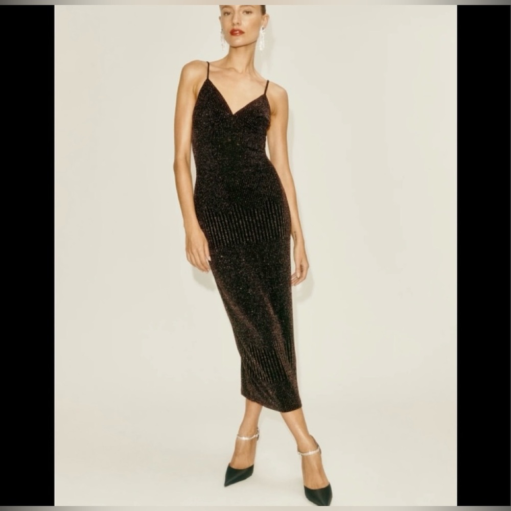 Reformation Black Glitter Dress Disco Size Small Midi Stretch